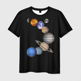 Мужская футболка 3D с принтом Парад планет в Санкт-Петербурге, 100% полиэфир | прямой крой, круглый вырез горловины, длина до линии бедер | звёзды | космическое пространство | космос | планета | созвездие