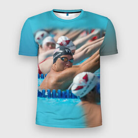 Мужская футболка 3D спортивная с принтом Swimming в Санкт-Петербурге, 100% полиэстер с улучшенными характеристиками | приталенный силуэт, круглая горловина, широкие плечи, сужается к линии бедра | пловцы