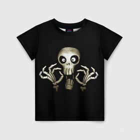 Детская футболка 3D с принтом Скeлетик в Санкт-Петербурге, 100% гипоаллергенный полиэфир | прямой крой, круглый вырез горловины, длина до линии бедер, чуть спущенное плечо, ткань немного тянется | bones | halloween | skull в идеи подарков в хеллоуин | скелет | скелеты | хеллоиун | хэллоуин | хэлоуин | череп | черепа