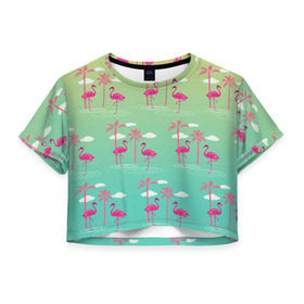 Женская футболка 3D укороченная с принтом Фламинго и пальмы в Санкт-Петербурге, 100% полиэстер | круглая горловина, длина футболки до линии талии, рукава с отворотами | животные | мозаика | пальмы | птицы | тропики | узор | фауна | фламинго
