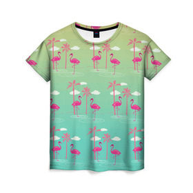 Женская футболка 3D с принтом Фламинго и пальмы в Санкт-Петербурге, 100% полиэфир ( синтетическое хлопкоподобное полотно) | прямой крой, круглый вырез горловины, длина до линии бедер | животные | мозаика | пальмы | птицы | тропики | узор | фауна | фламинго