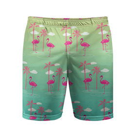 Мужские шорты 3D спортивные с принтом Фламинго и пальмы в Санкт-Петербурге,  |  | животные | мозаика | пальмы | птицы | тропики | узор | фауна | фламинго
