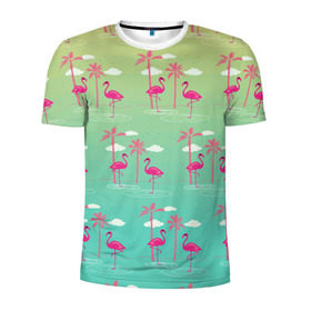 Мужская футболка 3D спортивная с принтом Фламинго и пальмы в Санкт-Петербурге, 100% полиэстер с улучшенными характеристиками | приталенный силуэт, круглая горловина, широкие плечи, сужается к линии бедра | Тематика изображения на принте: животные | мозаика | пальмы | птицы | тропики | узор | фауна | фламинго
