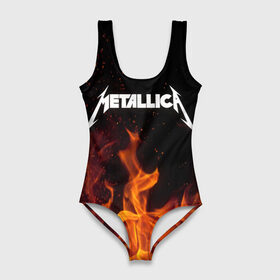 Купальник-боди 3D с принтом Metallica fire в Санкт-Петербурге, 82% полиэстер, 18% эластан | Круглая горловина, круглый вырез на спине | металлика