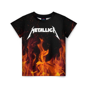 Детская футболка 3D с принтом Metallica fire в Санкт-Петербурге, 100% гипоаллергенный полиэфир | прямой крой, круглый вырез горловины, длина до линии бедер, чуть спущенное плечо, ткань немного тянется | металлика