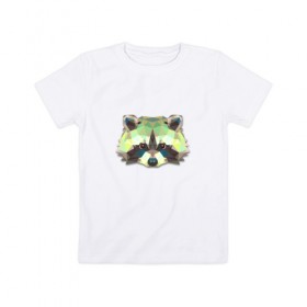 Детская футболка хлопок с принтом Полигональный енот в Санкт-Петербурге, 100% хлопок | круглый вырез горловины, полуприлегающий силуэт, длина до линии бедер | Тематика изображения на принте: геометрический рисунок | голова | енот | животные | фауна