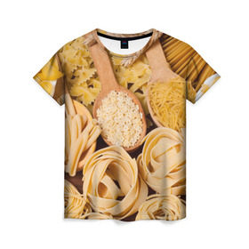 Женская футболка 3D с принтом Макарошки в Санкт-Петербурге, 100% полиэфир ( синтетическое хлопкоподобное полотно) | прямой крой, круглый вырез горловины, длина до линии бедер | Тематика изображения на принте: еда | макароны | текстуры | узоры