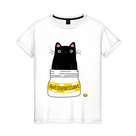 Женская футболка хлопок с принтом Антидепрессант в Санкт-Петербурге, 100% хлопок | прямой крой, круглый вырез горловины, длина до линии бедер, слегка спущенное плечо | антидепрессант | деньги | киса | коты | кошка