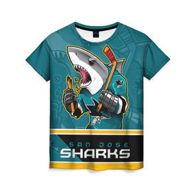 Женская футболка 3D с принтом San Jose Sharks в Санкт-Петербурге, 100% полиэфир ( синтетическое хлопкоподобное полотно) | прямой крой, круглый вырез горловины, длина до линии бедер | nhl | san jose sharks | sharks | stanley cup | кубок стенли | кубок стэнли | нхл | сан хосе | сан хосе шаркс | хоккей | хоккейный клуб | шаркс