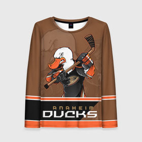 Женский лонгслив 3D с принтом Anaheim Ducks в Санкт-Петербурге, 100% полиэстер | длинные рукава, круглый вырез горловины, полуприлегающий силуэт | Тематика изображения на принте: anaheim ducks | nhl | stanley cup | кубок стенли | кубок стэнли | нхл | хоккей | хоккейный клуб