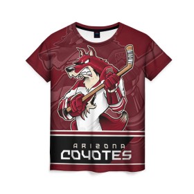 Женская футболка 3D с принтом Arizona Coyotes в Санкт-Петербурге, 100% полиэфир ( синтетическое хлопкоподобное полотно) | прямой крой, круглый вырез горловины, длина до линии бедер | arizona coyotes | nhl | stanley cup | аризона койотис | аризона койоты | кубок стенли | кубок стэнли | нхл | хоккей | хоккейный клуб