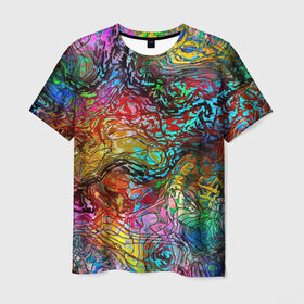 Мужская футболка 3D с принтом Буйство красок в Санкт-Петербурге, 100% полиэфир | прямой крой, круглый вырез горловины, длина до линии бедер | Тематика изображения на принте: краски | линии | мозаика | орнамент | узор | цвет
