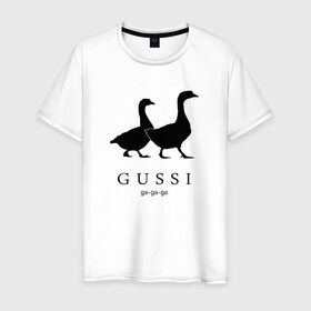Мужская футболка хлопок с принтом GUSSI в Санкт-Петербурге, 100% хлопок | прямой крой, круглый вырез горловины, длина до линии бедер, слегка спущенное плечо. | gucci | gussi | антибренд | бренд | гуси | гучи | пародии