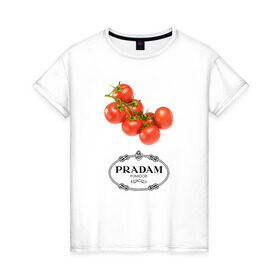 Женская футболка хлопок с принтом PRADAM в Санкт-Петербурге, 100% хлопок | прямой крой, круглый вырез горловины, длина до линии бедер, слегка спущенное плечо | prada | pradam | антибренд | бренд | пародии | прада | прадам