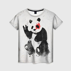 Женская футболка 3D с принтом Рок-панда в Санкт-Петербурге, 100% полиэфир ( синтетическое хлопкоподобное полотно) | прямой крой, круглый вырез горловины, длина до линии бедер | rock | коза | метал | панда | рок