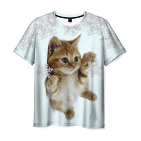 Мужская футболка 3D с принтом Котенок и снежинки в Санкт-Петербурге, 100% полиэфир | прямой крой, круглый вырез горловины, длина до линии бедер | 2017 | котенок | милые создания | милый котенок | новый год | подарок на новый год | снежинки