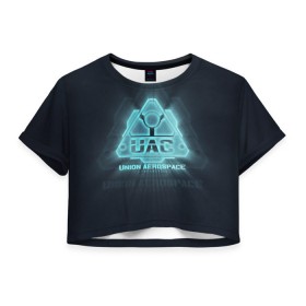 Женская футболка 3D укороченная с принтом Union Aerospace corporation в Санкт-Петербурге, 100% полиэстер | круглая горловина, длина футболки до линии талии, рукава с отворотами | Тематика изображения на принте: doom | uac | дум | космос