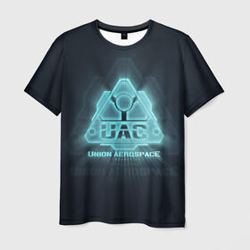 Мужская футболка 3D с принтом Union Aerospace corporation в Санкт-Петербурге, 100% полиэфир | прямой крой, круглый вырез горловины, длина до линии бедер | Тематика изображения на принте: doom | uac | дум | космос