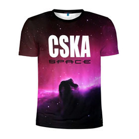 Мужская футболка 3D спортивная с принтом CSKA space в Санкт-Петербурге, 100% полиэстер с улучшенными характеристиками | приталенный силуэт, круглая горловина, широкие плечи, сужается к линии бедра | Тематика изображения на принте: cska | конь | космос | красно синие | на макете изображена космическая туманность в виде коня   символа пфк цска.цска | премьер лига | футбол | чемпион