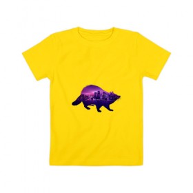 Детская футболка хлопок с принтом енот город в Санкт-Петербурге, 100% хлопок | круглый вырез горловины, полуприлегающий силуэт, длина до линии бедер | Тематика изображения на принте: вода | город | енот | залив | здания | огни | розовый | фиолетовый