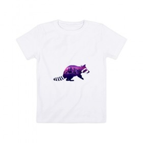 Детская футболка хлопок с принтом енот город в Санкт-Петербурге, 100% хлопок | круглый вырез горловины, полуприлегающий силуэт, длина до линии бедер | Тематика изображения на принте: вода | город | енот | залив | здания | огни | розовый | фиолетовый