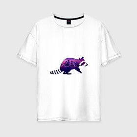 Женская футболка хлопок Oversize с принтом енот город в Санкт-Петербурге, 100% хлопок | свободный крой, круглый ворот, спущенный рукав, длина до линии бедер
 | вода | город | енот | залив | здания | огни | розовый | фиолетовый