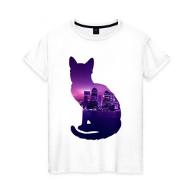 Женская футболка хлопок с принтом кошка город в Санкт-Петербурге, 100% хлопок | прямой крой, круглый вырез горловины, длина до линии бедер, слегка спущенное плечо | вода | город | залив | здания | киса | кот | кошка | огни | розовый | фиолетовый