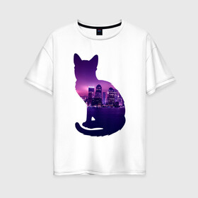 Женская футболка хлопок Oversize с принтом кошка город в Санкт-Петербурге, 100% хлопок | свободный крой, круглый ворот, спущенный рукав, длина до линии бедер
 | вода | город | залив | здания | киса | кот | кошка | огни | розовый | фиолетовый