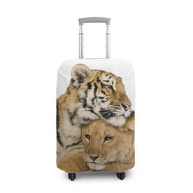 Чехол для чемодана 3D с принтом Тигр и львица в Санкт-Петербурге, 86% полиэфир, 14% спандекс | двустороннее нанесение принта, прорези для ручек и колес | Тематика изображения на принте: дикие | милые | природа | тигр | яркие