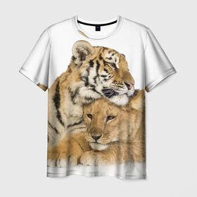 Мужская футболка 3D с принтом Тигр и львица в Санкт-Петербурге, 100% полиэфир | прямой крой, круглый вырез горловины, длина до линии бедер | дикие | милые | природа | тигр | яркие