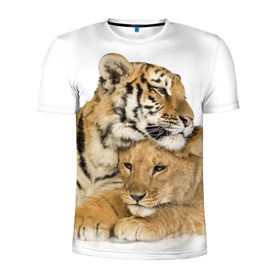 Мужская футболка 3D спортивная с принтом Тигр и львица в Санкт-Петербурге, 100% полиэстер с улучшенными характеристиками | приталенный силуэт, круглая горловина, широкие плечи, сужается к линии бедра | дикие | милые | природа | тигр | яркие