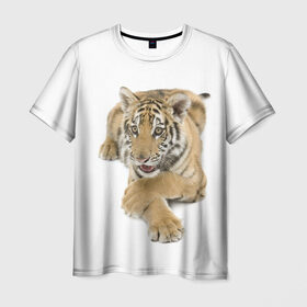 Мужская футболка 3D с принтом Ласковый тигренок в Санкт-Петербурге, 100% полиэфир | прямой крой, круглый вырез горловины, длина до линии бедер | дикие | милые | природа | тигр | яркие