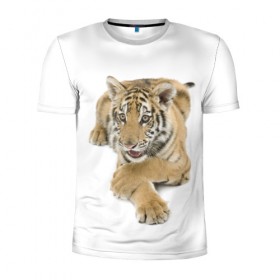 Мужская футболка 3D спортивная с принтом Ласковый тигренок в Санкт-Петербурге, 100% полиэстер с улучшенными характеристиками | приталенный силуэт, круглая горловина, широкие плечи, сужается к линии бедра | дикие | милые | природа | тигр | яркие