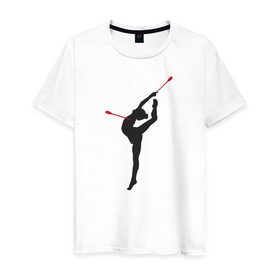 Мужская футболка хлопок с принтом Гимнастка с булавами в Санкт-Петербурге, 100% хлопок | прямой крой, круглый вырез горловины, длина до линии бедер, слегка спущенное плечо. | булавы | гимнастика | гимнастка | лента | мяч | обруч | художественная гимнастика