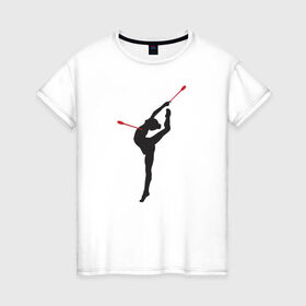 Женская футболка хлопок с принтом Гимнастка с булавами в Санкт-Петербурге, 100% хлопок | прямой крой, круглый вырез горловины, длина до линии бедер, слегка спущенное плечо | булавы | гимнастика | гимнастка | лента | мяч | обруч | художественная гимнастика