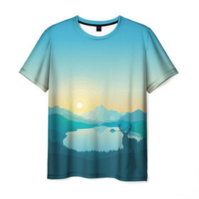 Мужская футболка 3D с принтом firewatch в Санкт-Петербурге, 100% полиэфир | прямой крой, круглый вырез горловины, длина до линии бедер | firewatch | горы | игры | озеро | олень | природа
