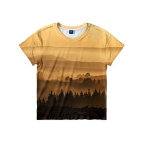 Детская футболка 3D с принтом Родные просторы в Санкт-Петербурге, 100% гипоаллергенный полиэфир | прямой крой, круглый вырез горловины, длина до линии бедер, чуть спущенное плечо, ткань немного тянется | Тематика изображения на принте: восход | горы | даль | закат | лес | небо | облака | природа | солнце