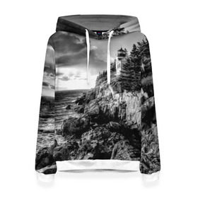 Женская толстовка 3D с принтом Маяк в Санкт-Петербурге, 100% полиэстер  | двухслойный капюшон со шнурком для регулировки, мягкие манжеты на рукавах и по низу толстовки, спереди карман-кенгуру с мягким внутренним слоем. | black   white | forest | lighthouse | photo | rocks | sea | shore | spruce | sunset | waves | берег | волны | ельник | закат | камни | лес | маяк | море