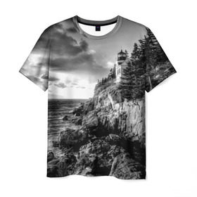 Мужская футболка 3D с принтом Маяк в Санкт-Петербурге, 100% полиэфир | прямой крой, круглый вырез горловины, длина до линии бедер | Тематика изображения на принте: black   white | forest | lighthouse | photo | rocks | sea | shore | spruce | sunset | waves | берег | волны | ельник | закат | камни | лес | маяк | море