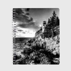 Тетрадь с принтом Маяк в Санкт-Петербурге, 100% бумага | 48 листов, плотность листов — 60 г/м2, плотность картонной обложки — 250 г/м2. Листы скреплены сбоку удобной пружинной спиралью. Уголки страниц и обложки скругленные. Цвет линий — светло-серый
 | Тематика изображения на принте: black   white | forest | lighthouse | photo | rocks | sea | shore | spruce | sunset | waves | берег | волны | ельник | закат | камни | лес | маяк | море