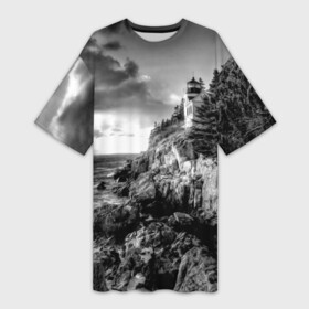 Платье-футболка 3D с принтом Маяк в Санкт-Петербурге,  |  | black   white | forest | lighthouse | photo | rocks | sea | shore | spruce | sunset | waves | берег | волны | ельник | закат | камни | лес | маяк | море