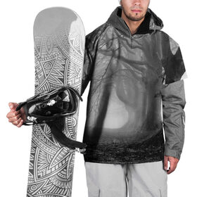 Накидка на куртку 3D с принтом Туман в лесу в Санкт-Петербурге, 100% полиэстер |  | Тематика изображения на принте: black   white | fog | forest | morning | photo | silhouette | trees | деревья | лес | силуэт | туман | утро | фото | черно   белое