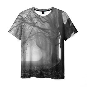 Мужская футболка 3D с принтом Туман в лесу в Санкт-Петербурге, 100% полиэфир | прямой крой, круглый вырез горловины, длина до линии бедер | black   white | fog | forest | morning | photo | silhouette | trees | деревья | лес | силуэт | туман | утро | фото | черно   белое
