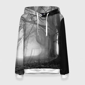 Женская толстовка 3D с принтом Туман в лесу в Санкт-Петербурге, 100% полиэстер  | двухслойный капюшон со шнурком для регулировки, мягкие манжеты на рукавах и по низу толстовки, спереди карман-кенгуру с мягким внутренним слоем. | black   white | fog | forest | morning | photo | silhouette | trees | деревья | лес | силуэт | туман | утро | фото | черно   белое