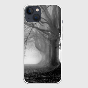 Чехол для iPhone 13 с принтом Туман в лесу в Санкт-Петербурге,  |  | black   white | fog | forest | morning | photo | silhouette | trees | деревья | лес | силуэт | туман | утро | фото | черно   белое