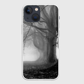 Чехол для iPhone 13 mini с принтом Туман в лесу в Санкт-Петербурге,  |  | black   white | fog | forest | morning | photo | silhouette | trees | деревья | лес | силуэт | туман | утро | фото | черно   белое