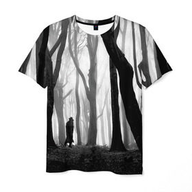 Мужская футболка 3D с принтом Утро в лесу в Санкт-Петербурге, 100% полиэфир | прямой крой, круглый вырез горловины, длина до линии бедер | Тематика изображения на принте: black   white | fog | forest | man | morning | photo | silhouette | trees | деревья | лес | силуэт | туман | утро | фото | человек | черно   белое