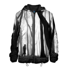 Мужская куртка 3D с принтом Утро в лесу в Санкт-Петербурге, ткань верха — 100% полиэстер, подклад — флис | прямой крой, подол и капюшон оформлены резинкой с фиксаторами, два кармана без застежек по бокам, один большой потайной карман на груди. Карман на груди застегивается на липучку | Тематика изображения на принте: black   white | fog | forest | man | morning | photo | silhouette | trees | деревья | лес | силуэт | туман | утро | фото | человек | черно   белое