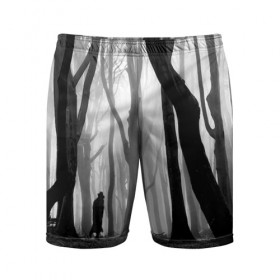 Мужские шорты 3D спортивные с принтом Утро в лесу в Санкт-Петербурге,  |  | black   white | fog | forest | man | morning | photo | silhouette | trees | деревья | лес | силуэт | туман | утро | фото | человек | черно   белое