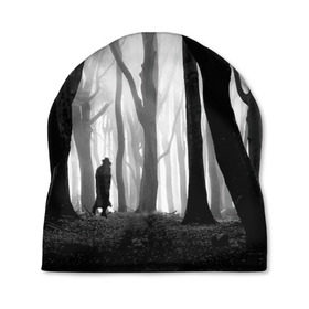 Шапка 3D с принтом Утро в лесу в Санкт-Петербурге, 100% полиэстер | универсальный размер, печать по всей поверхности изделия | black   white | fog | forest | man | morning | photo | silhouette | trees | деревья | лес | силуэт | туман | утро | фото | человек | черно   белое